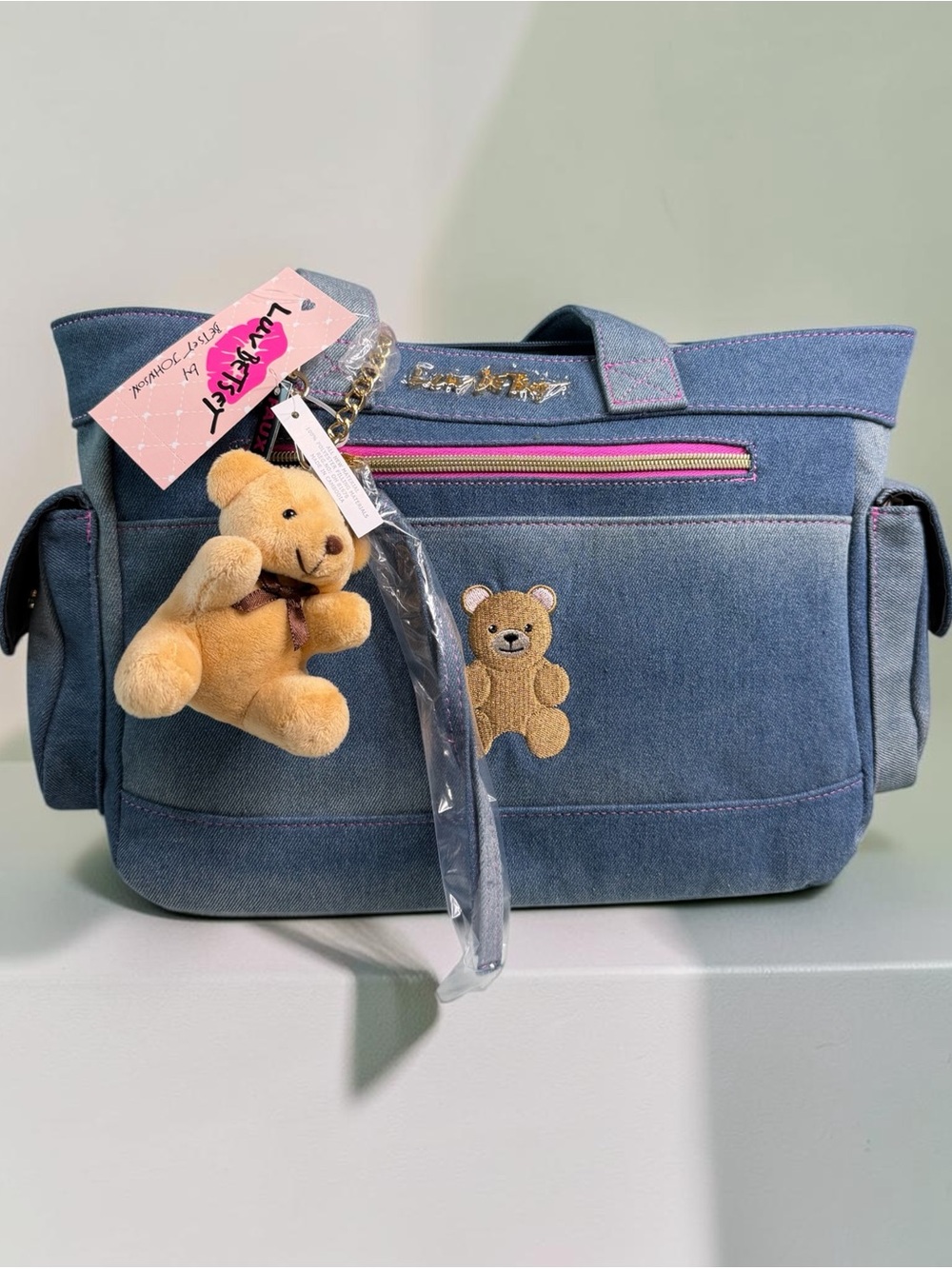 Denim Teddy Tote Bag with Bear Charm - Blue - Picture 2 of 3